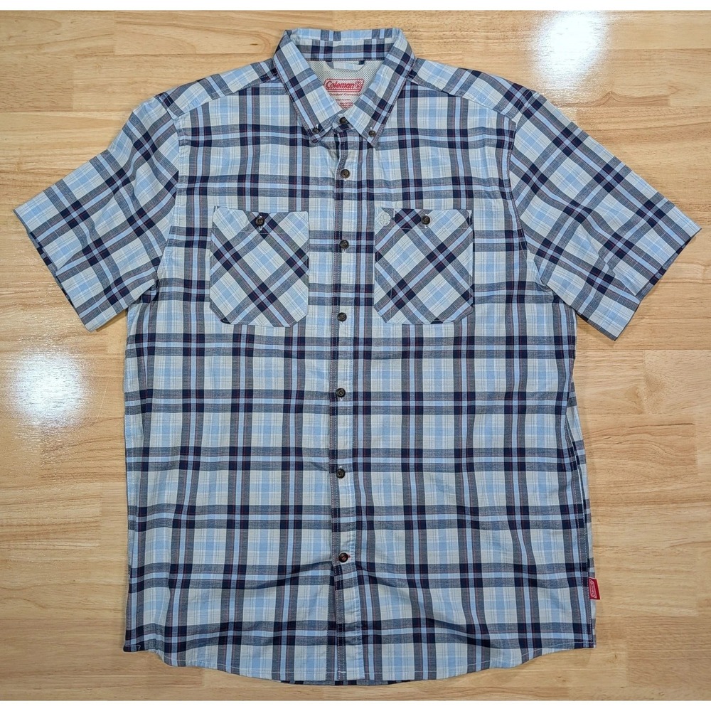 Coleman Mens Blue Plaid Short Sleeve Button Up Shirt Size L Outdoor Vented Back